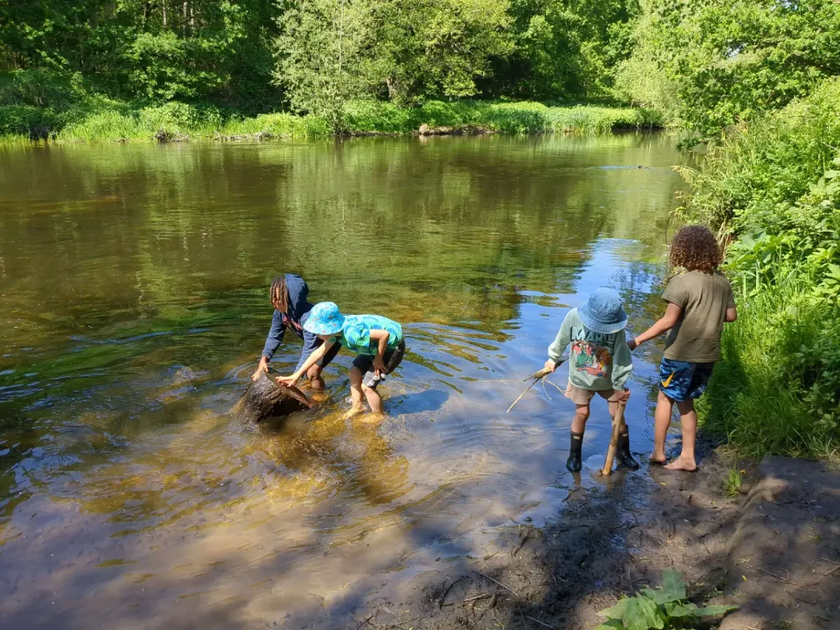 Children crouched at the river's edge, examining a log in the water